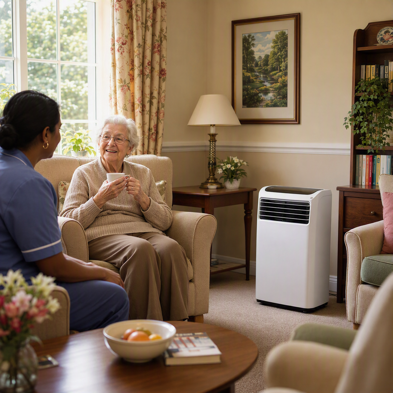 Portable air conditioning unit in a care home living room