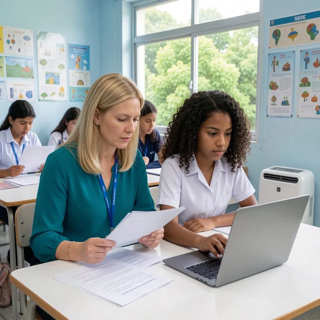 Portable air conditioning unit in a UK secondary school classroom