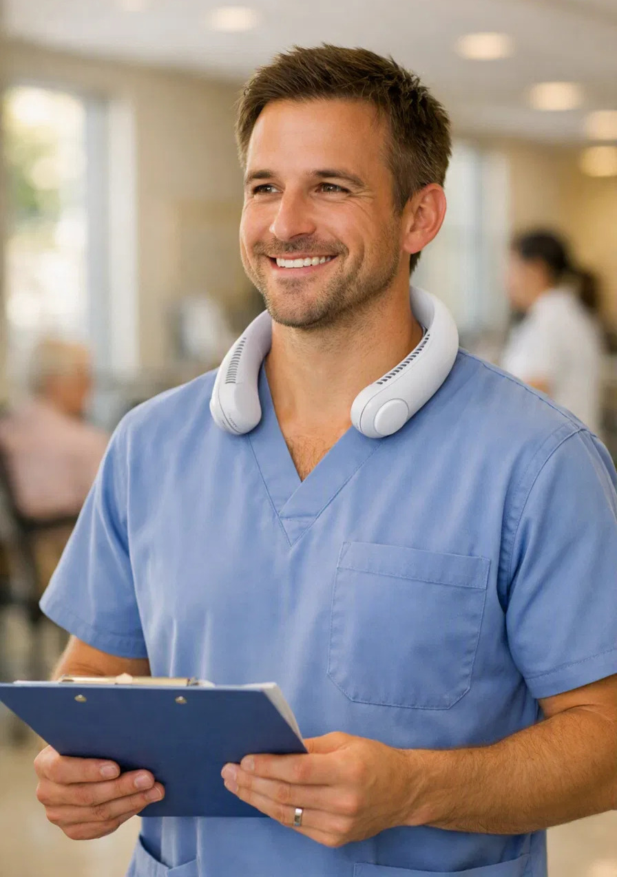 Care worker wearing a personal neck fan